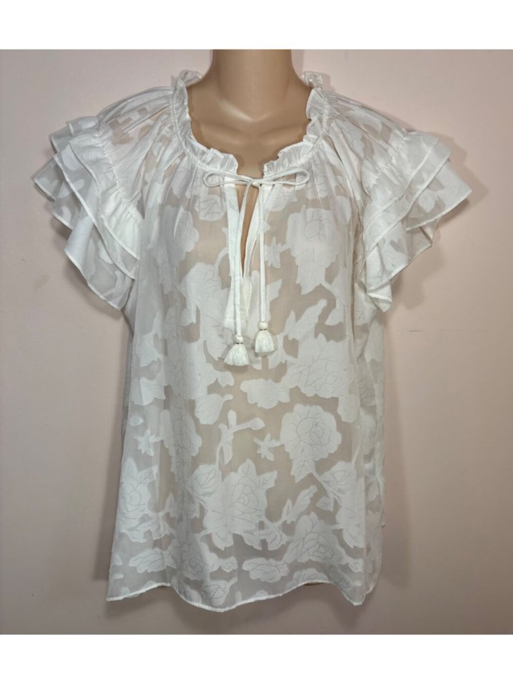Rose + Olive Women XL White Sheer Floral Blouse Top Ruffled Sleeve Tassels Boho
